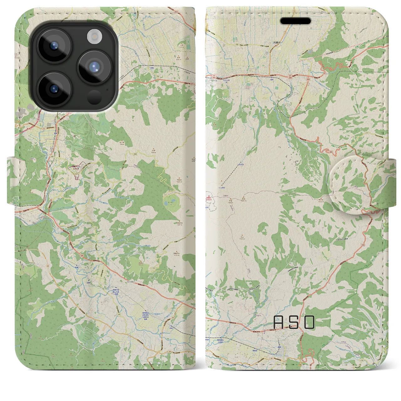 【阿蘇】地図柄iPhoneケース（手帳両面タイプ・ナチュラル）iPhone 15 Pro Max 用