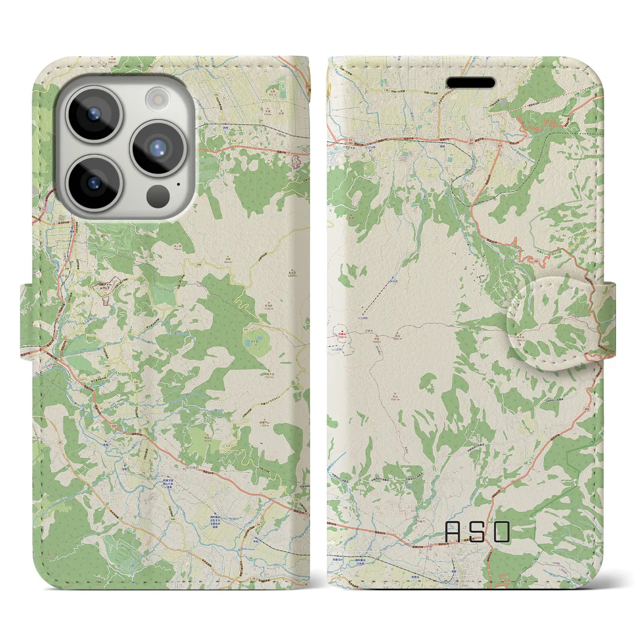 【阿蘇】地図柄iPhoneケース（手帳両面タイプ・ナチュラル）iPhone 15 Pro 用