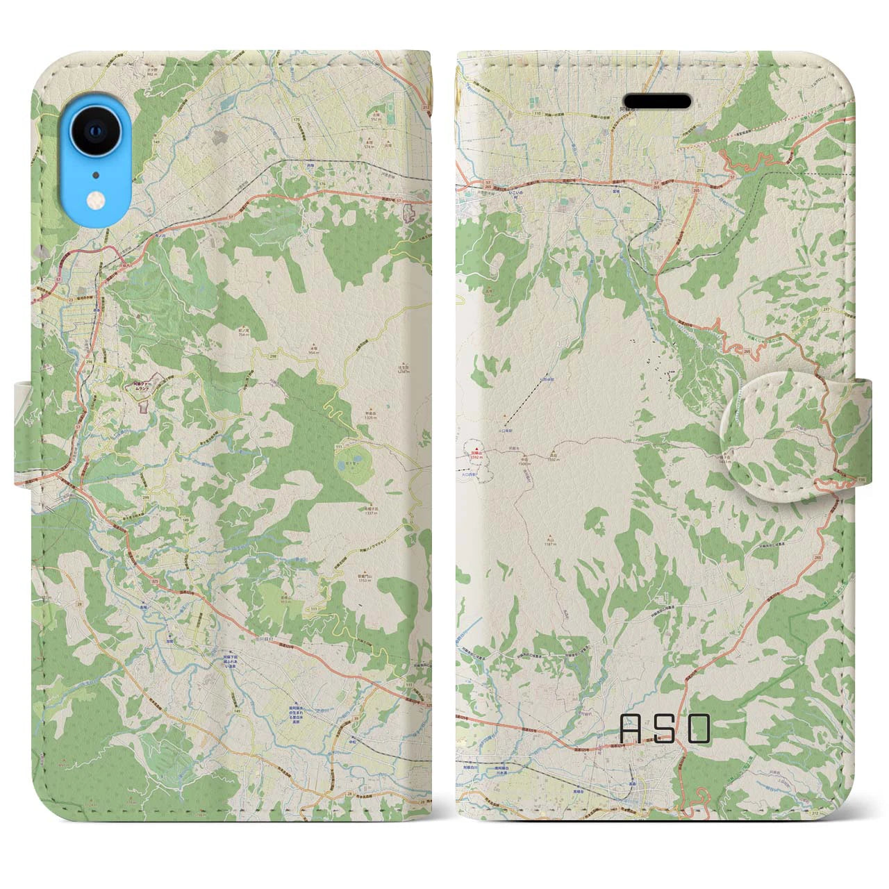 【阿蘇】地図柄iPhoneケース（手帳両面タイプ・ナチュラル）iPhone XR 用