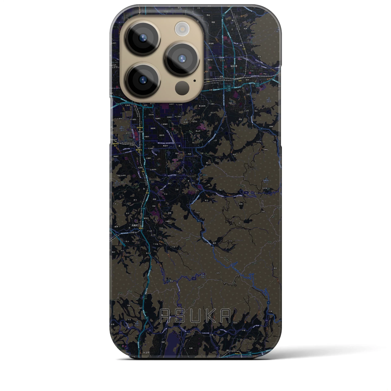 【明日香】地図柄iPhoneケース（バックカバータイプ・ブラック）iPhone 14 Pro Max 用