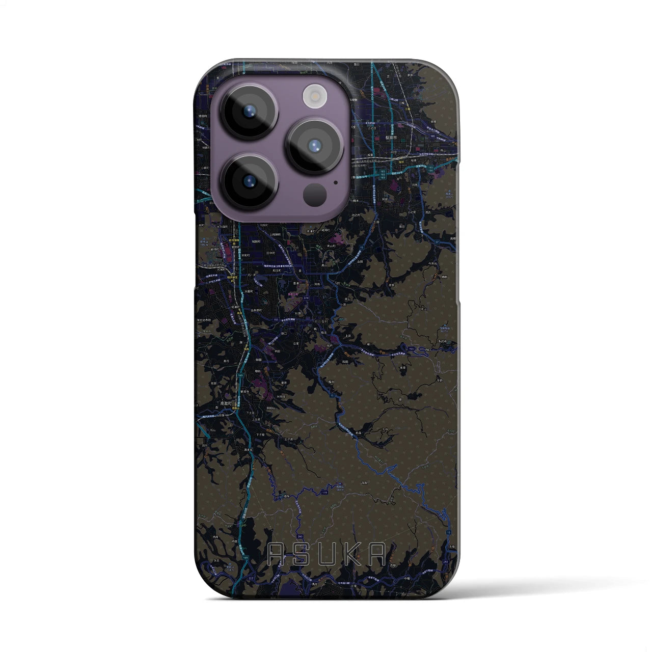 【明日香】地図柄iPhoneケース（バックカバータイプ・ブラック）iPhone 14 Pro 用