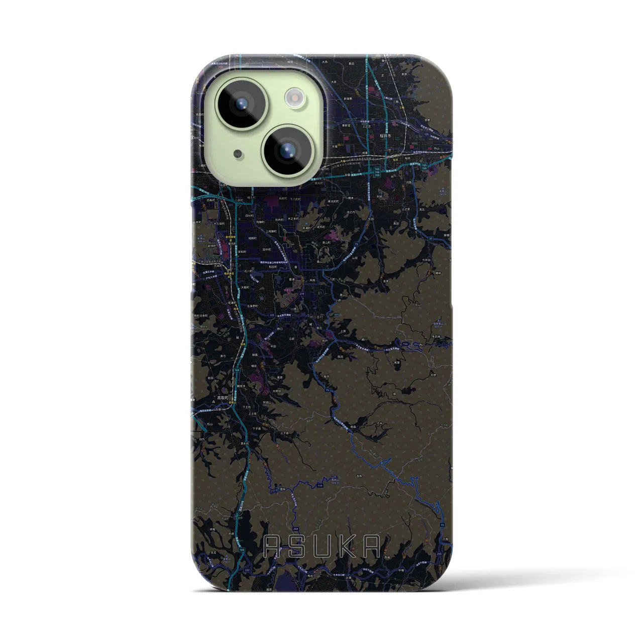 【明日香】地図柄iPhoneケース（バックカバータイプ・ブラック）iPhone 15 用