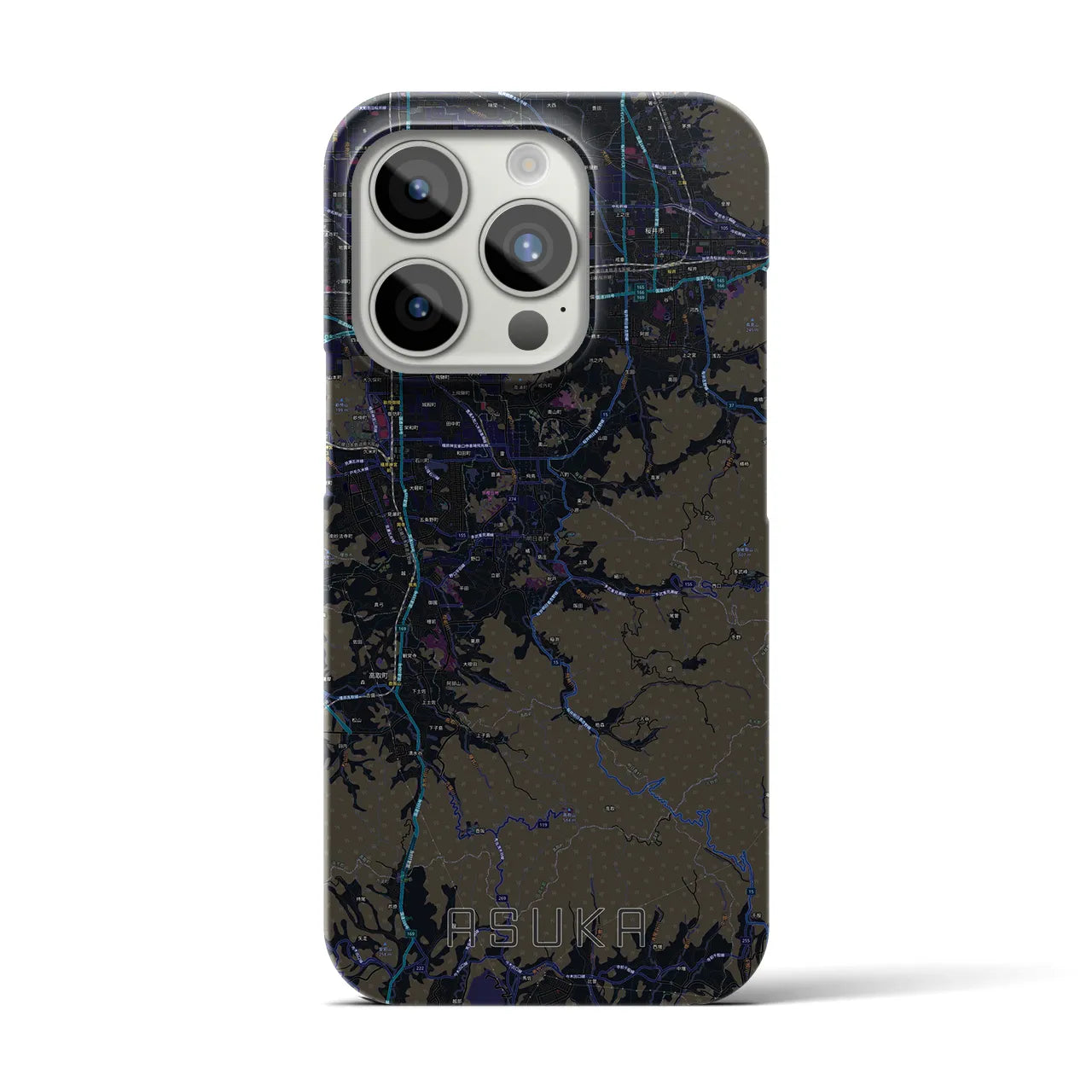 【明日香】地図柄iPhoneケース（バックカバータイプ・ブラック）iPhone 15 Pro 用