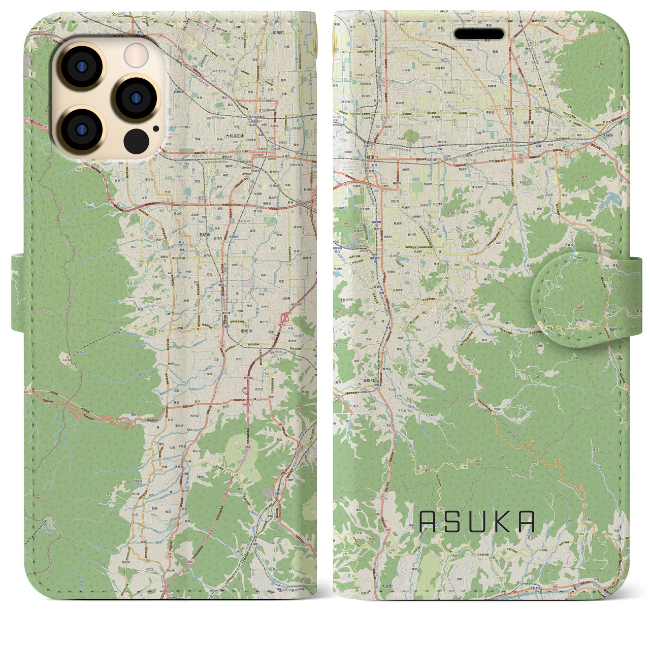 【明日香】地図柄iPhoneケース（手帳両面タイプ・ナチュラル）iPhone 12 Pro Max 用