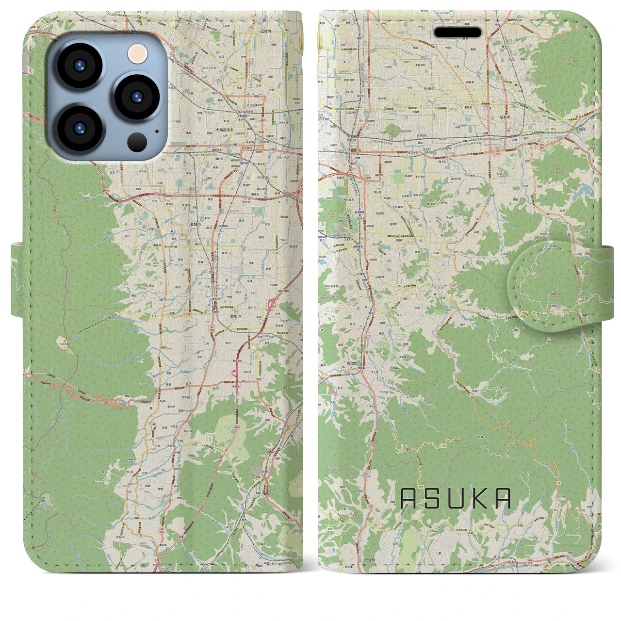 【明日香】地図柄iPhoneケース（手帳両面タイプ・ナチュラル）iPhone 13 Pro Max 用