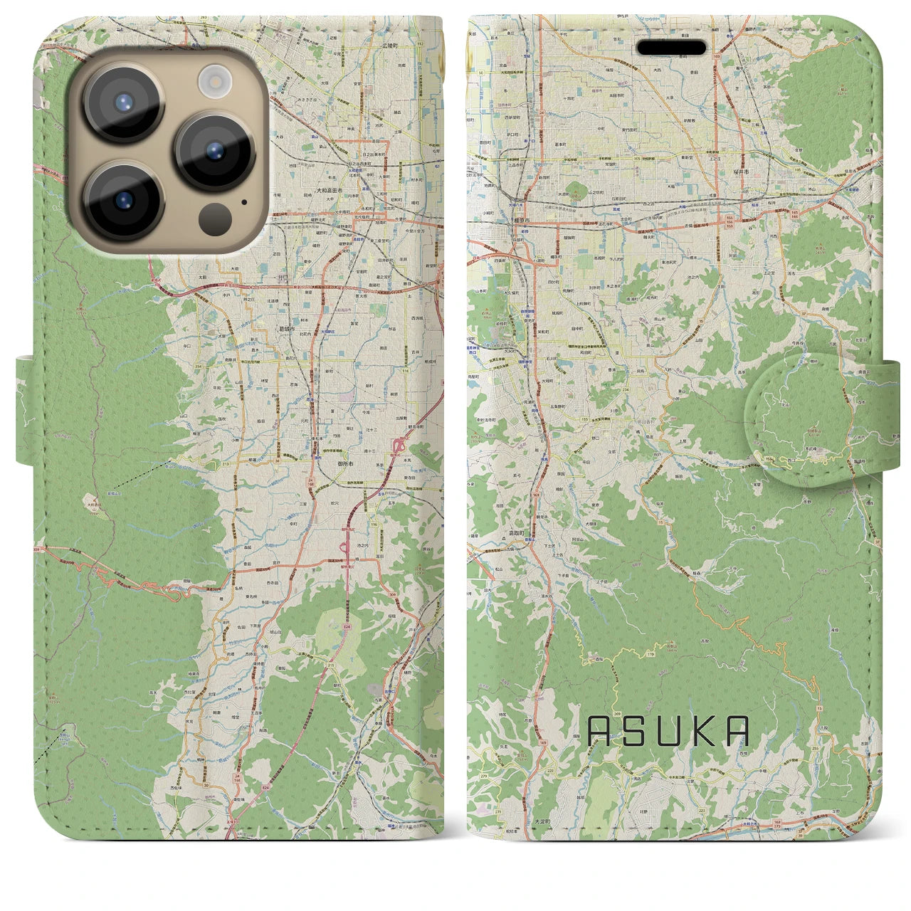 【明日香】地図柄iPhoneケース（手帳両面タイプ・ナチュラル）iPhone 14 Pro Max 用