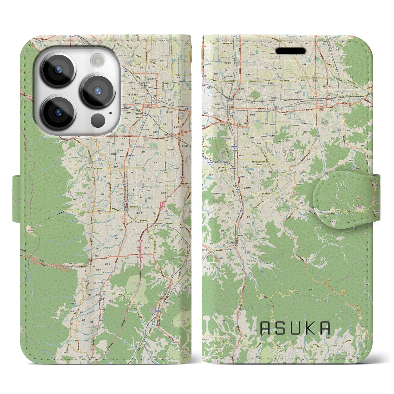 【明日香】地図柄iPhoneケース（手帳両面タイプ・ナチュラル）iPhone 14 Pro 用