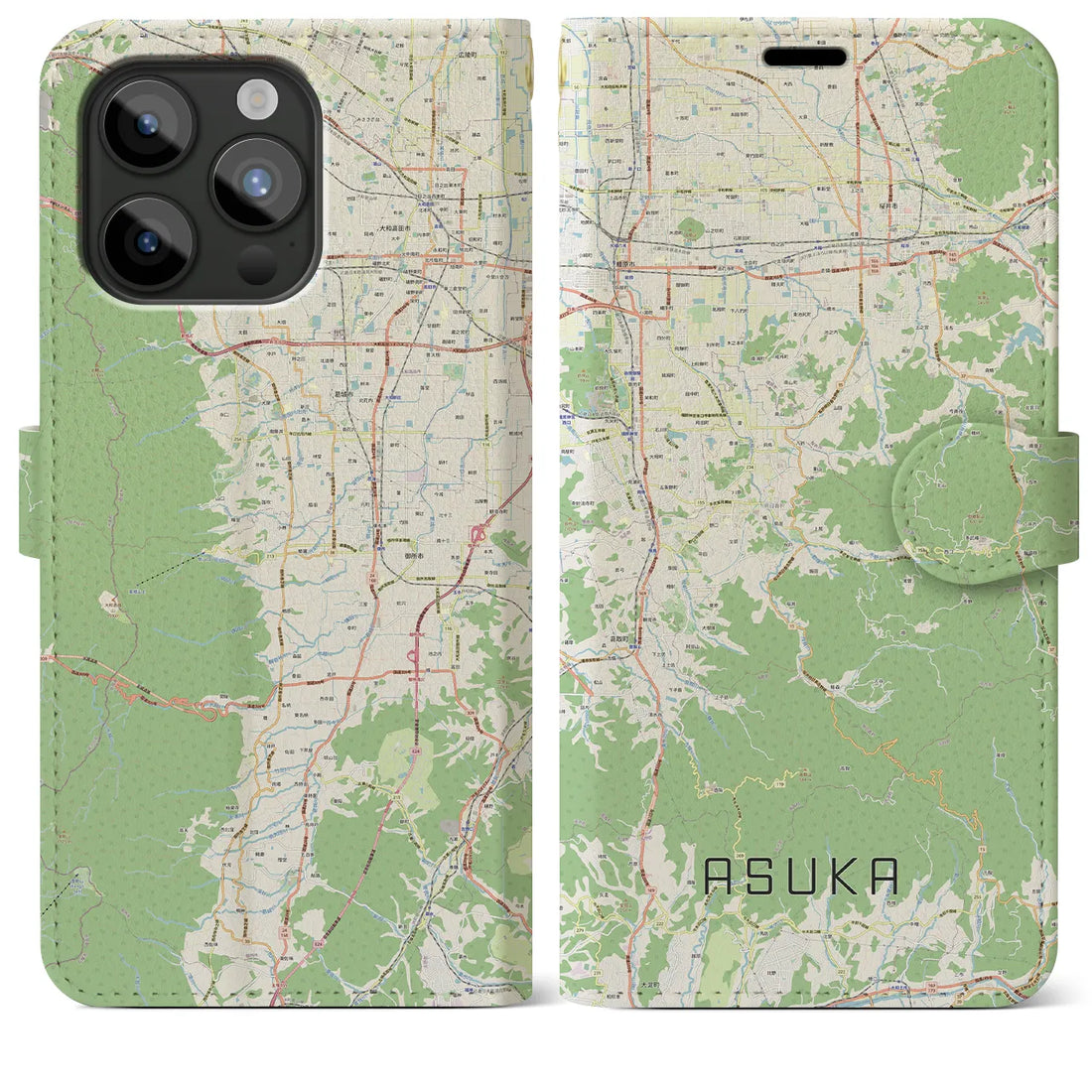 【明日香】地図柄iPhoneケース（手帳両面タイプ・ナチュラル）iPhone 15 Pro Max 用