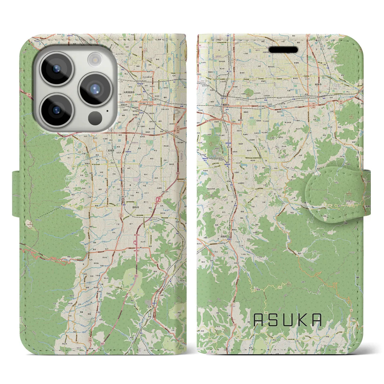 【明日香】地図柄iPhoneケース（手帳両面タイプ・ナチュラル）iPhone 15 Pro 用
