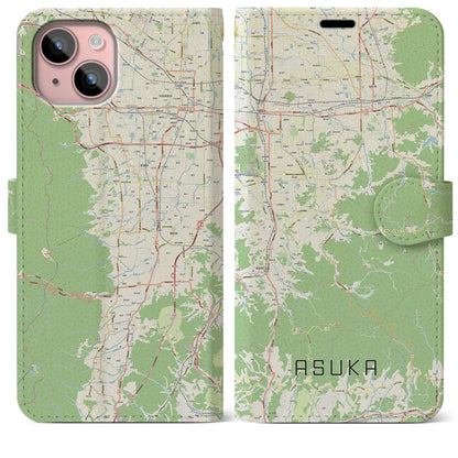 【明日香（奈良県）】地図柄iPhoneケース（手帳タイプ）ナチュラル・iPhone 15 Plus 用