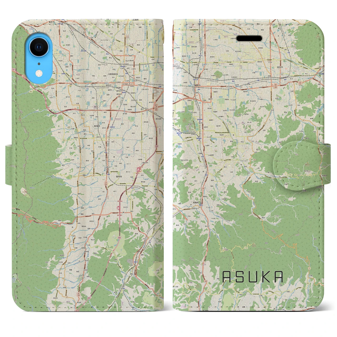 【明日香】地図柄iPhoneケース（手帳両面タイプ・ナチュラル）iPhone XR 用