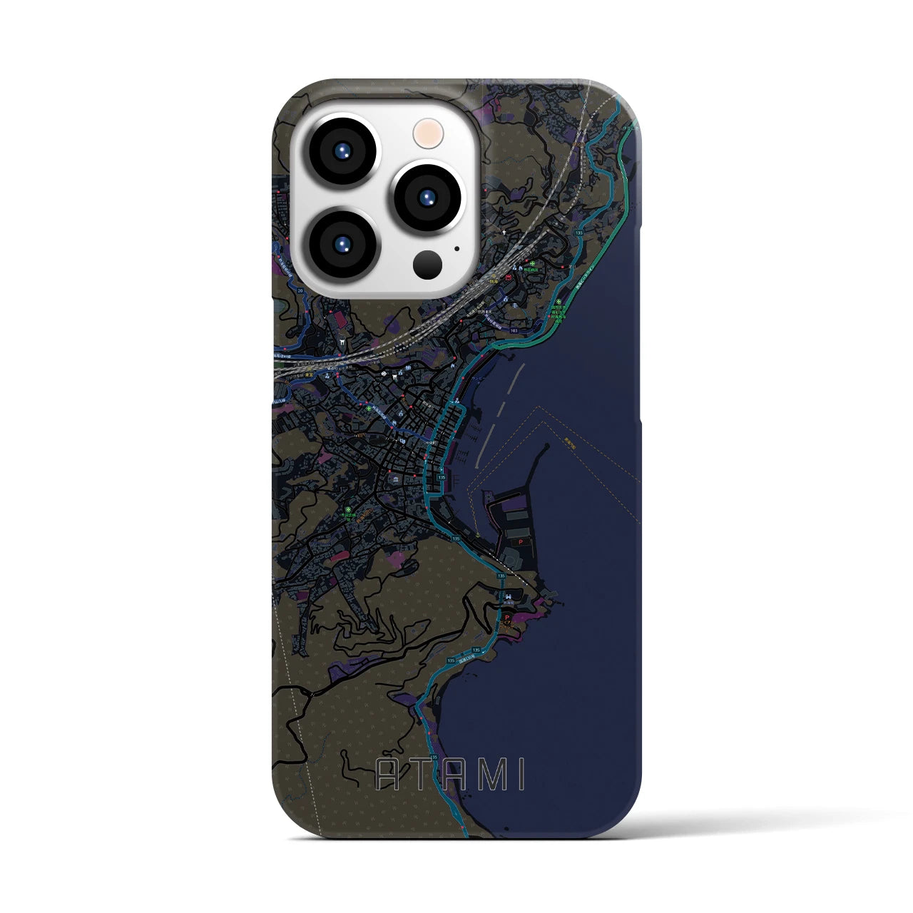 【熱海】地図柄iPhoneケース（バックカバータイプ・ブラック）iPhone 13 Pro 用