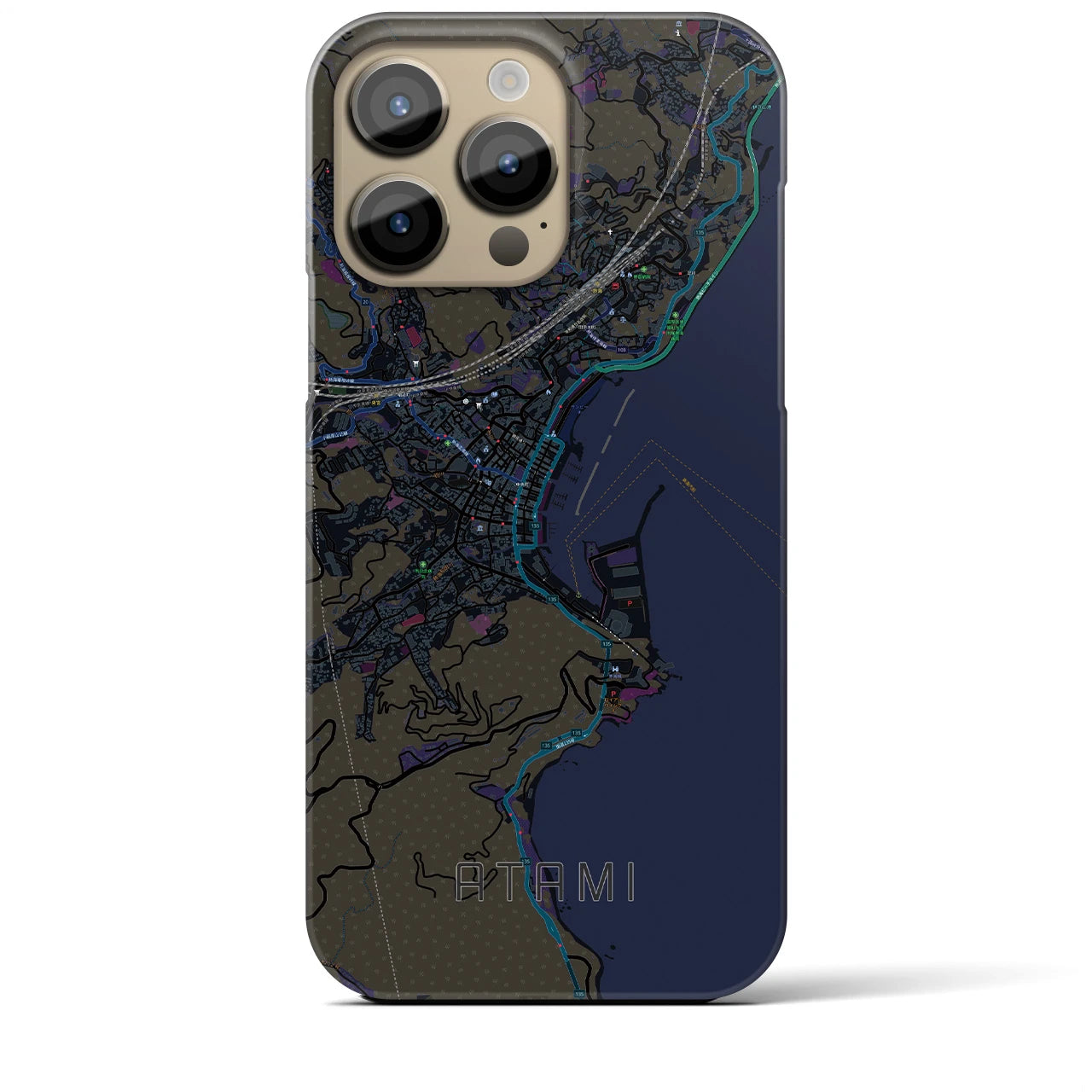 【熱海】地図柄iPhoneケース（バックカバータイプ・ブラック）iPhone 14 Pro Max 用