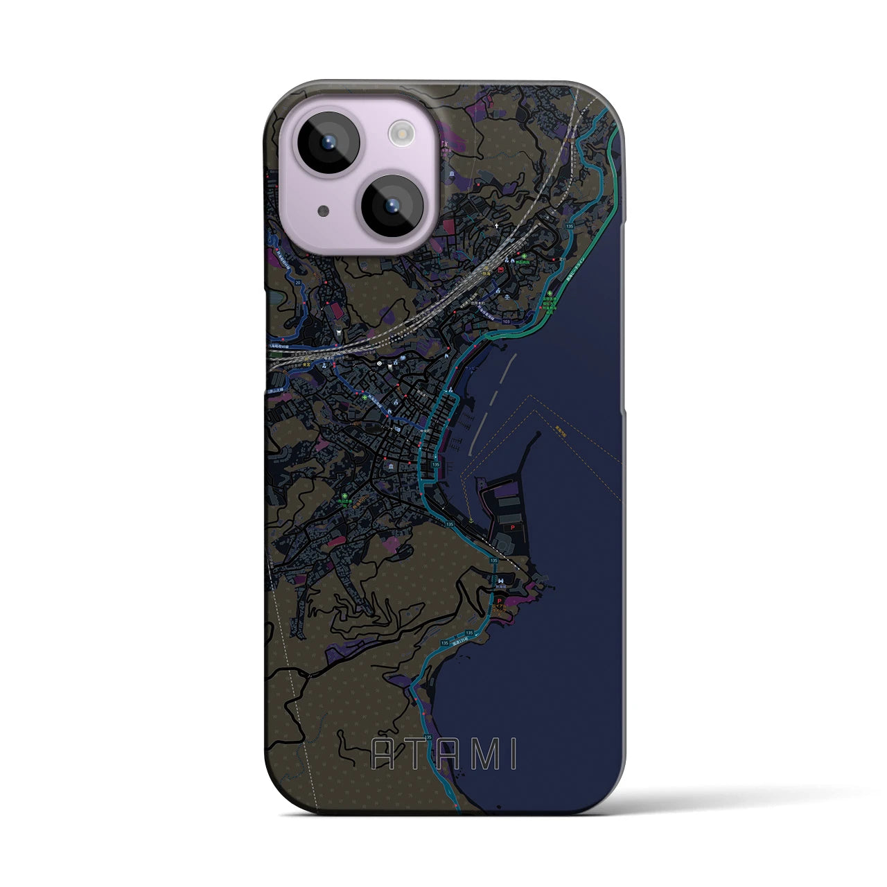 【熱海】地図柄iPhoneケース（バックカバータイプ・ブラック）iPhone 14 用