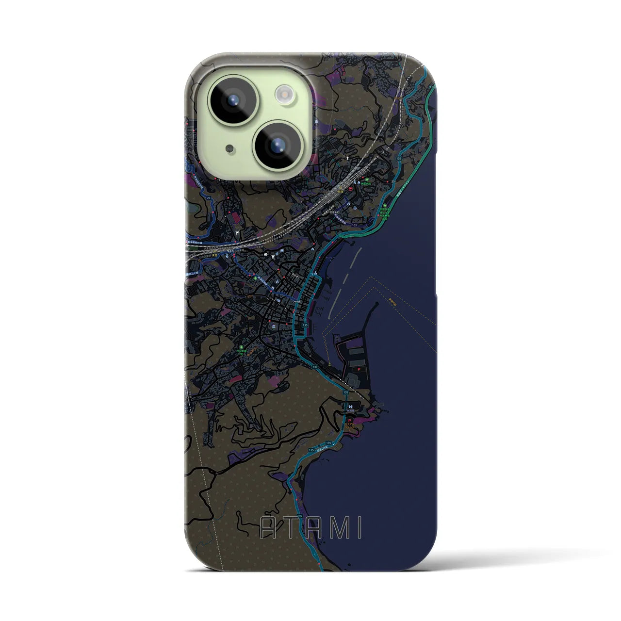 【熱海】地図柄iPhoneケース（バックカバータイプ・ブラック）iPhone 15 用