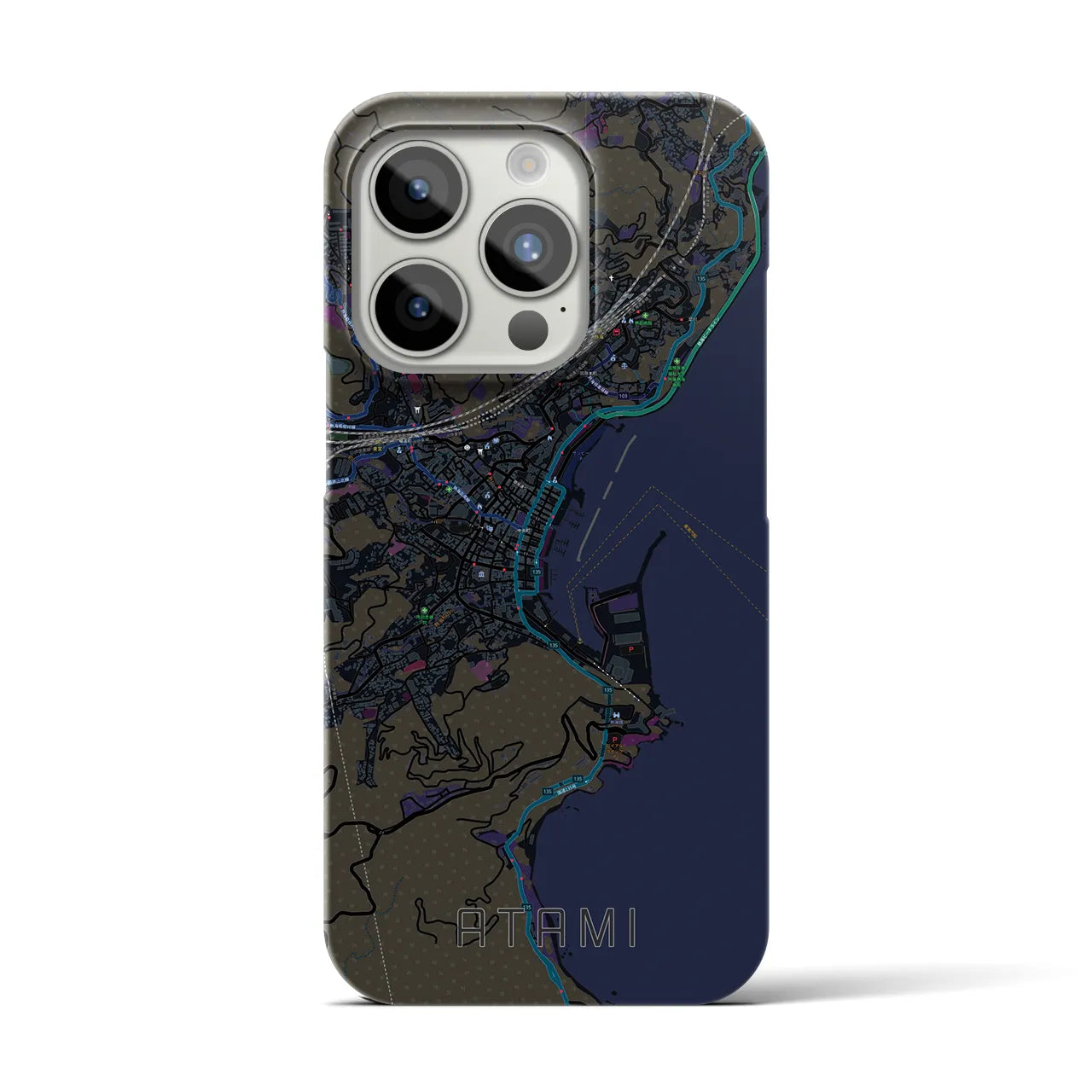 【熱海】地図柄iPhoneケース（バックカバータイプ・ブラック）iPhone 15 Pro 用