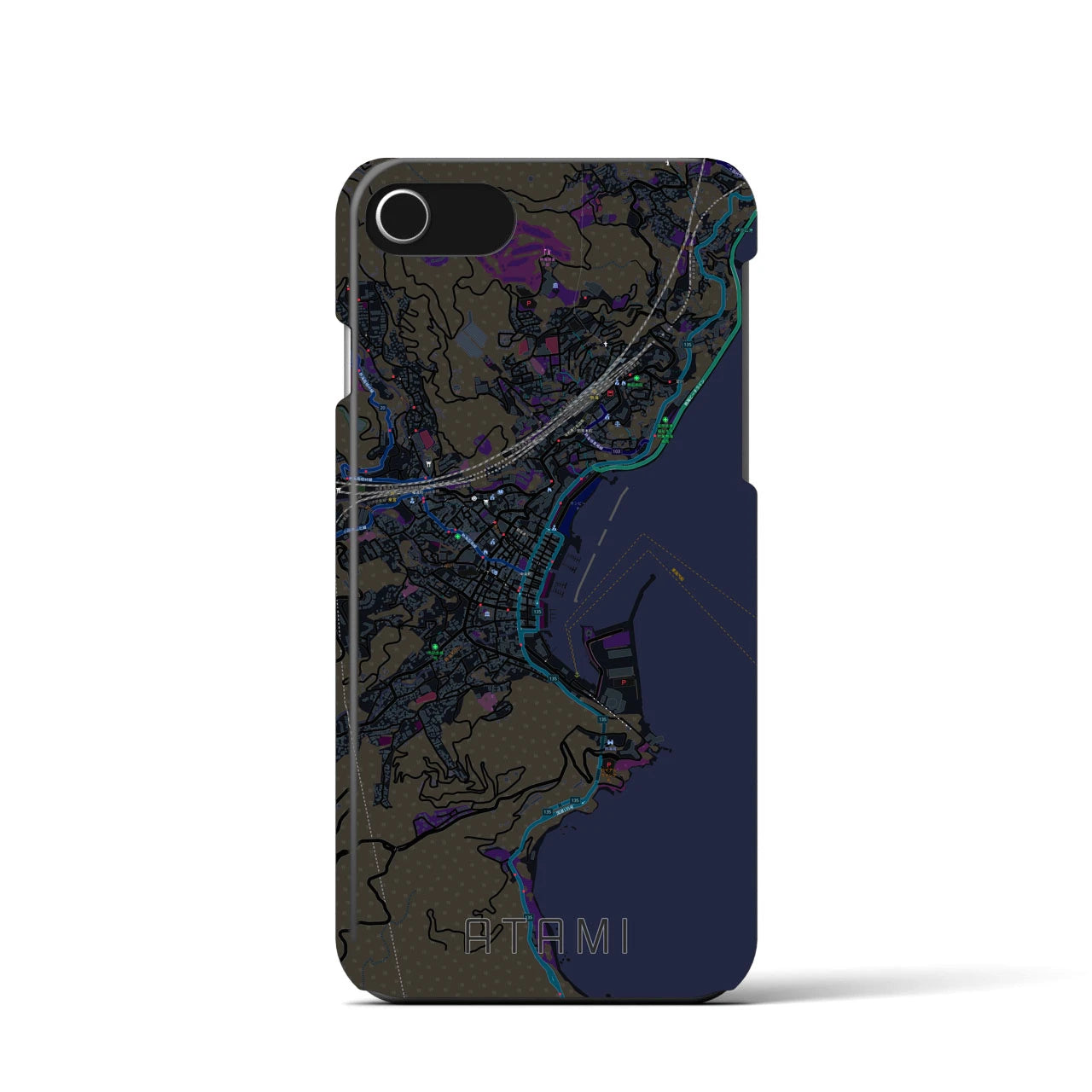 【熱海】地図柄iPhoneケース（バックカバータイプ・ブラック）iPhone SE（第3 / 第2世代） / 8 / 7 / 6s / 6 用