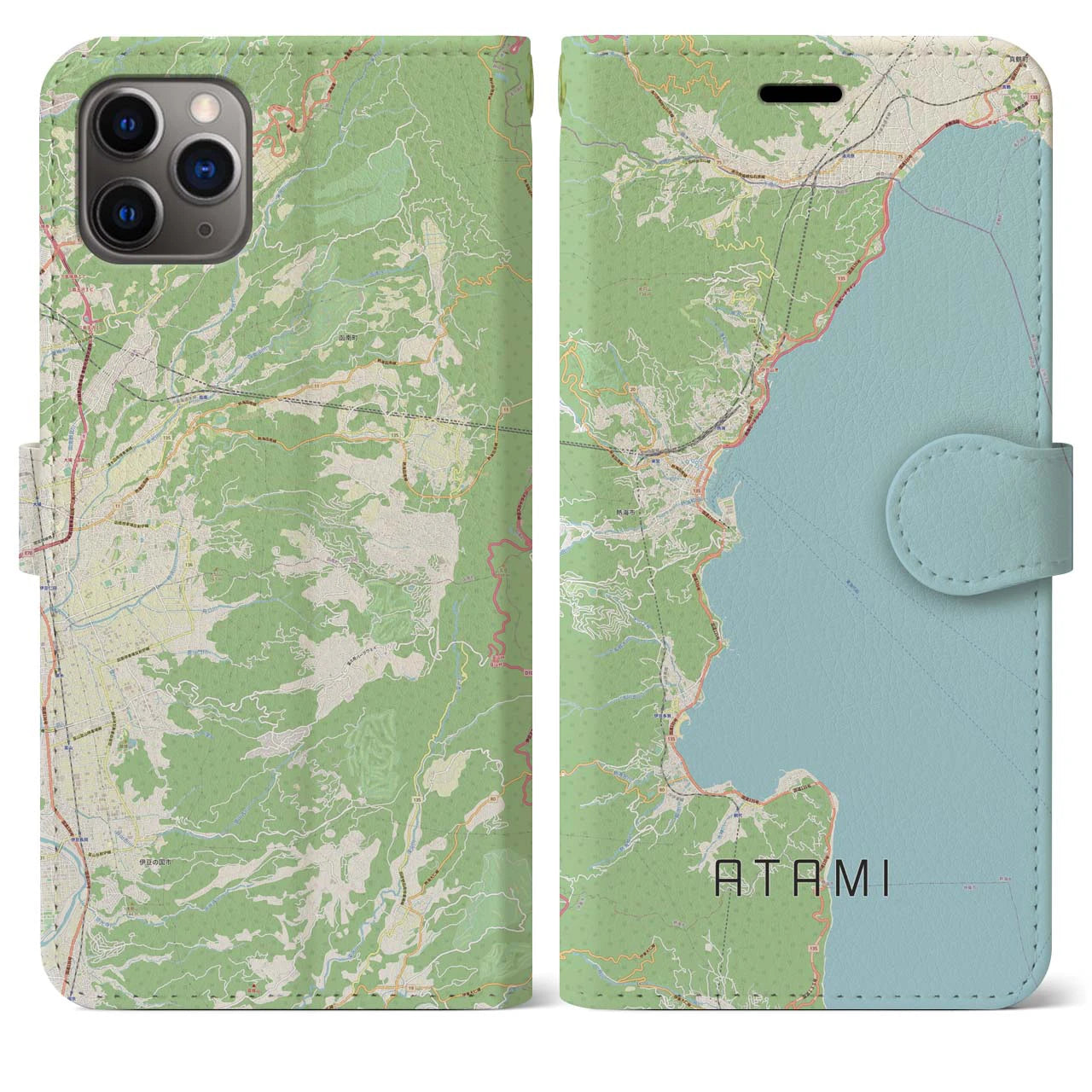 【熱海】地図柄iPhoneケース（手帳両面タイプ・ナチュラル）iPhone 11 Pro Max 用