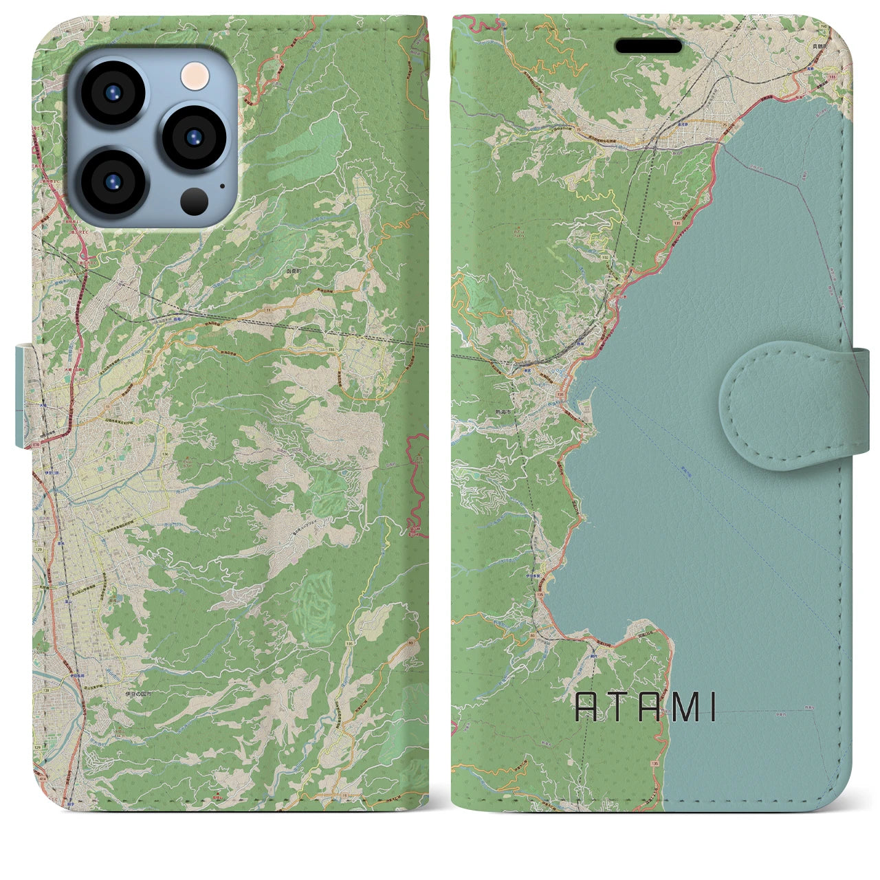 【熱海】地図柄iPhoneケース（手帳両面タイプ・ナチュラル）iPhone 13 Pro Max 用