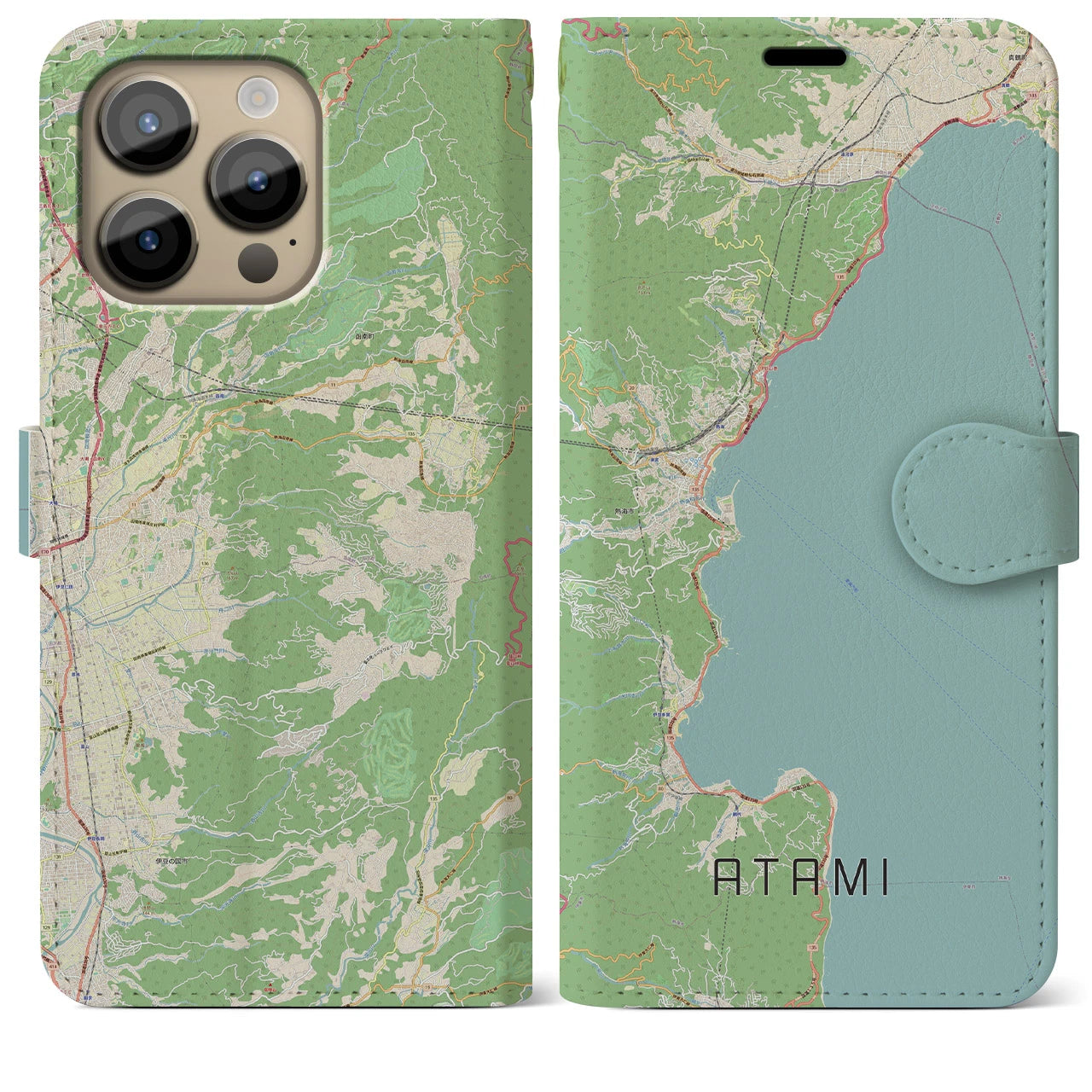 【熱海】地図柄iPhoneケース（手帳両面タイプ・ナチュラル）iPhone 14 Pro Max 用