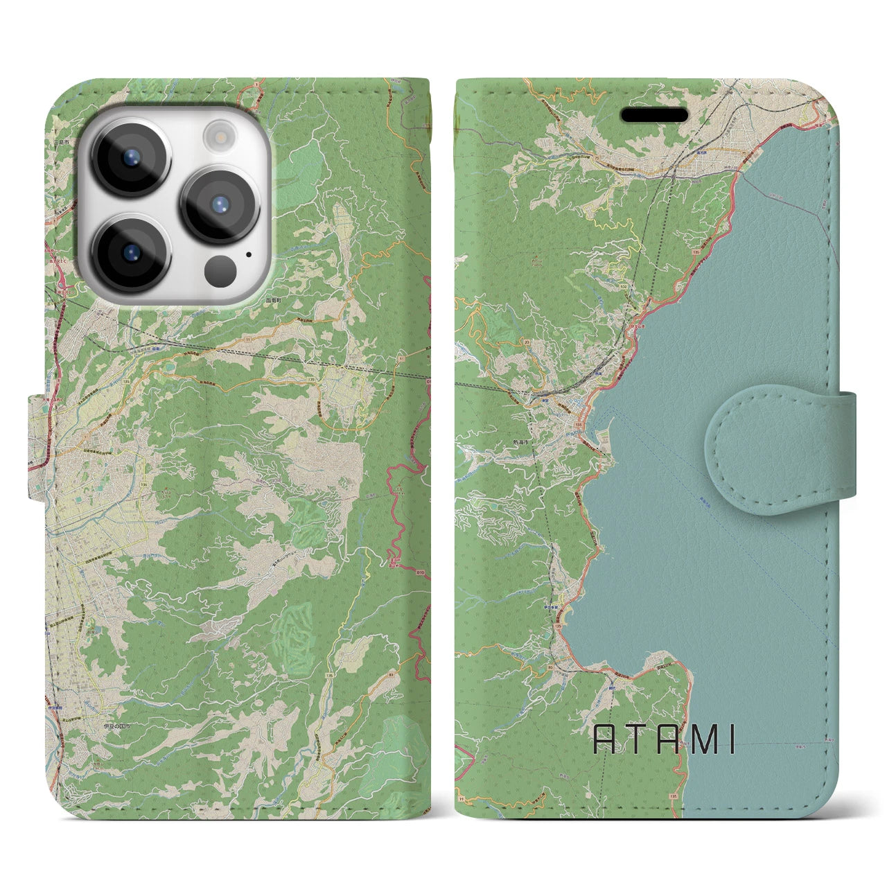 【熱海】地図柄iPhoneケース（手帳両面タイプ・ナチュラル）iPhone 14 Pro 用