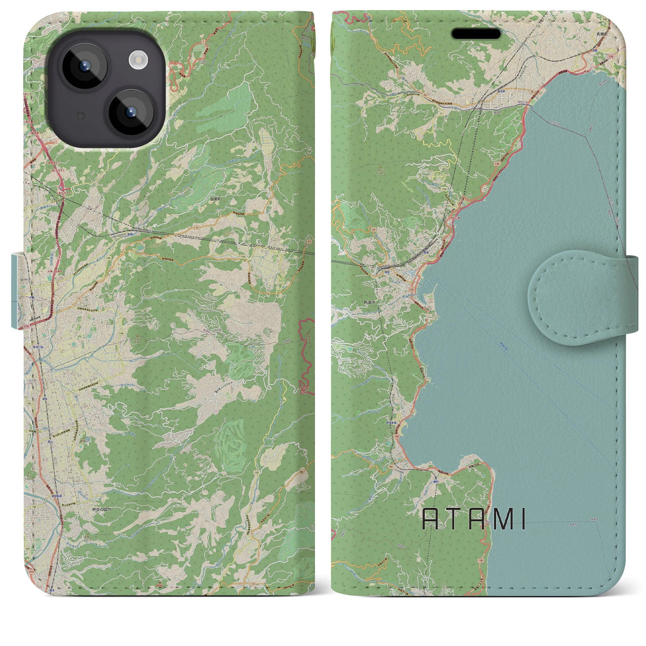 【熱海】地図柄iPhoneケース（手帳両面タイプ・ナチュラル）iPhone 14 Plus 用