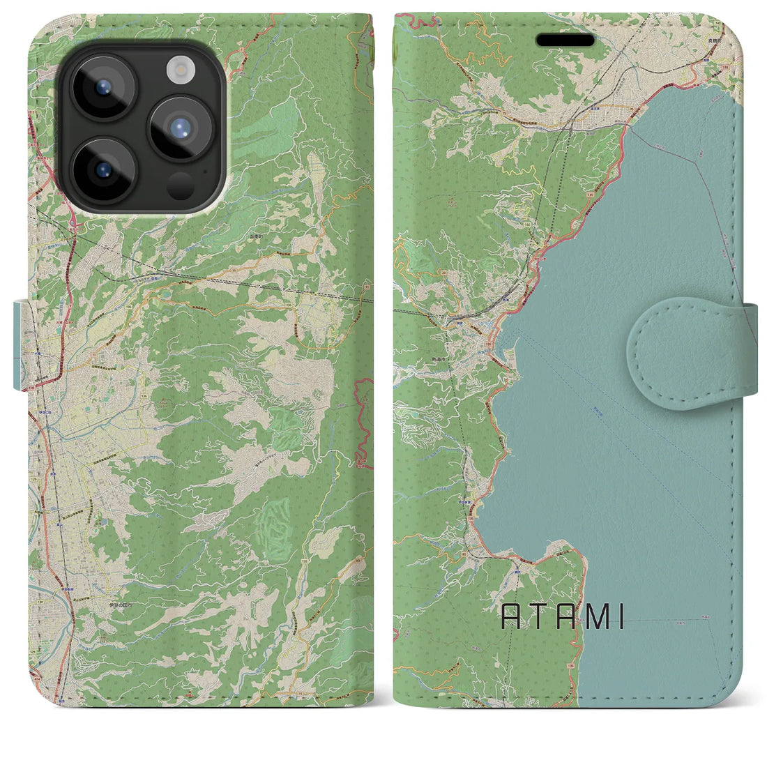 【熱海】地図柄iPhoneケース（手帳両面タイプ・ナチュラル）iPhone 15 Pro Max 用