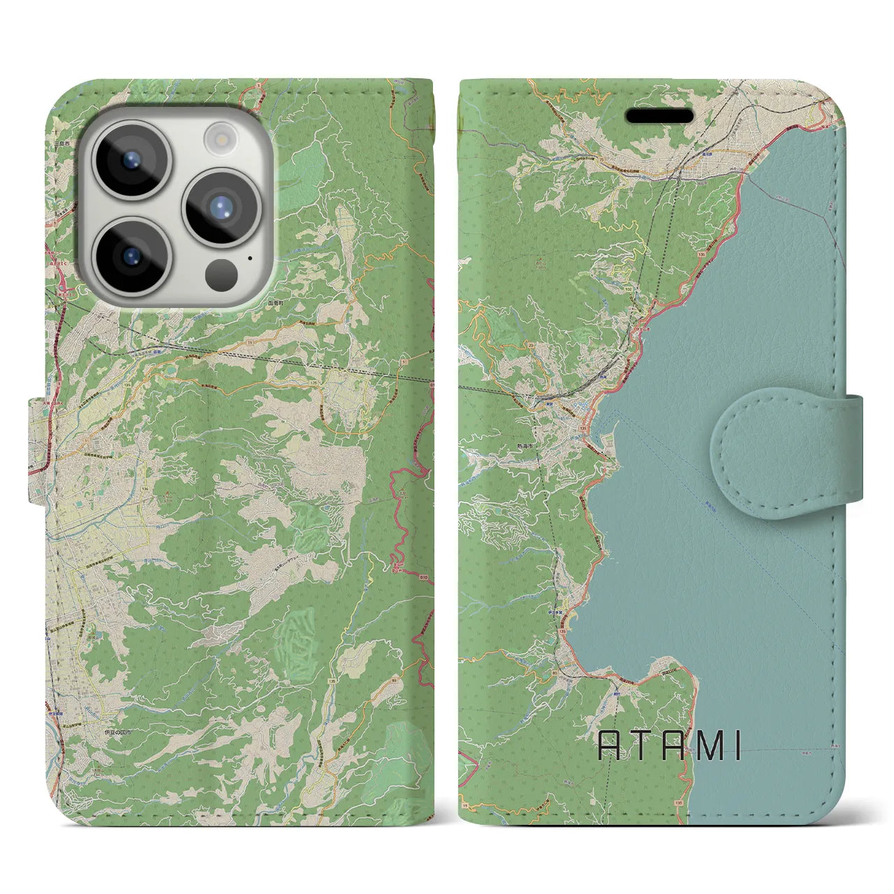 【熱海】地図柄iPhoneケース（手帳両面タイプ・ナチュラル）iPhone 15 Pro 用