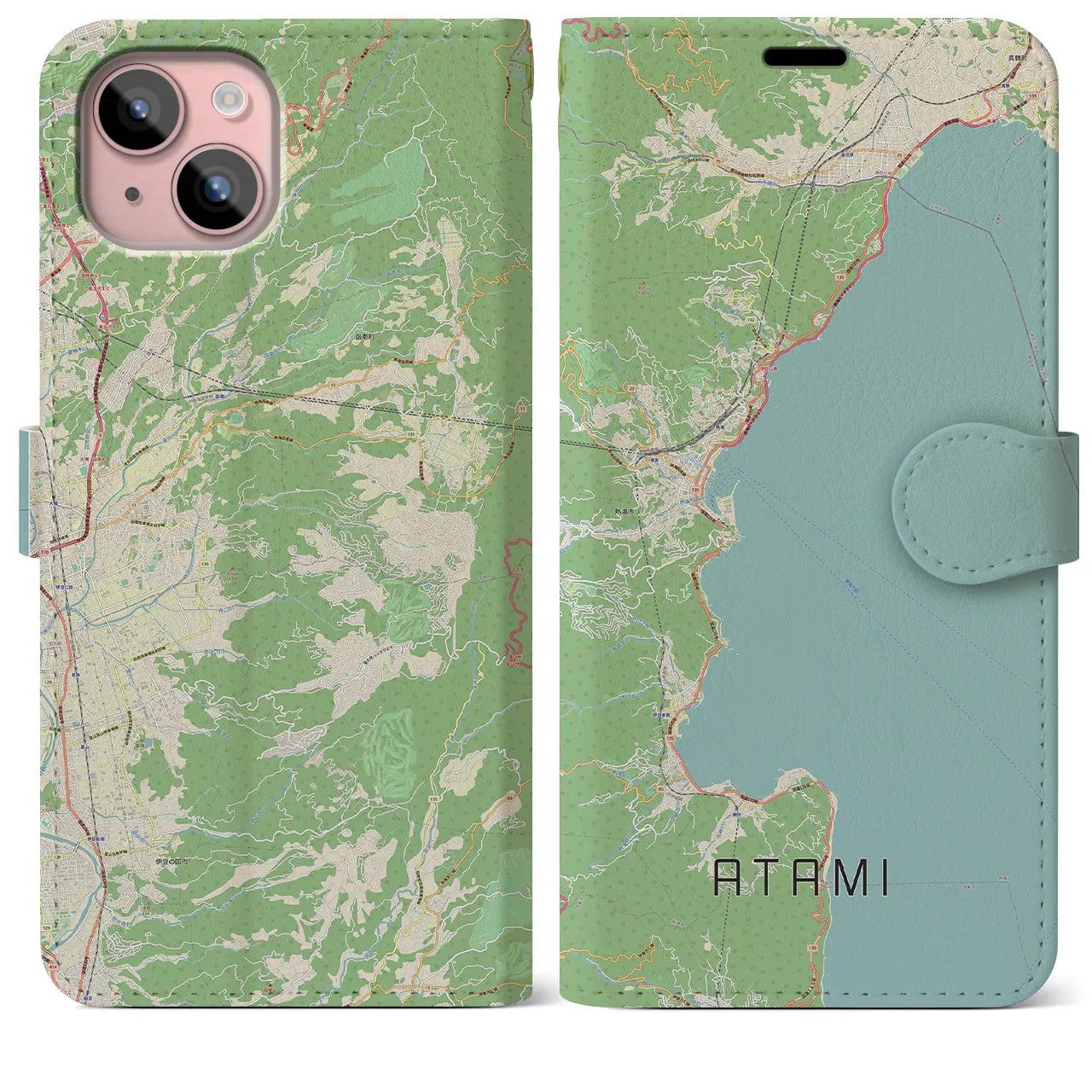 【熱海】地図柄iPhoneケース（手帳両面タイプ・ナチュラル）iPhone 15 Plus 用