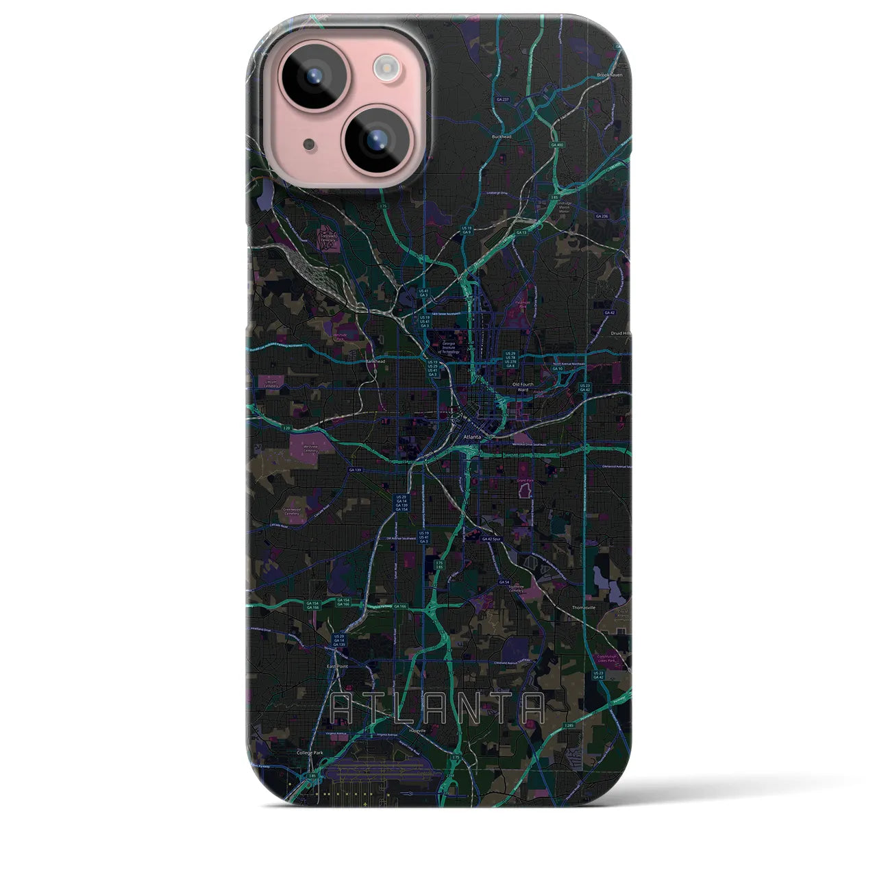 【アトランタ】地図柄iPhoneケース（バックカバータイプ・ブラック）iPhone 15 Plus 用