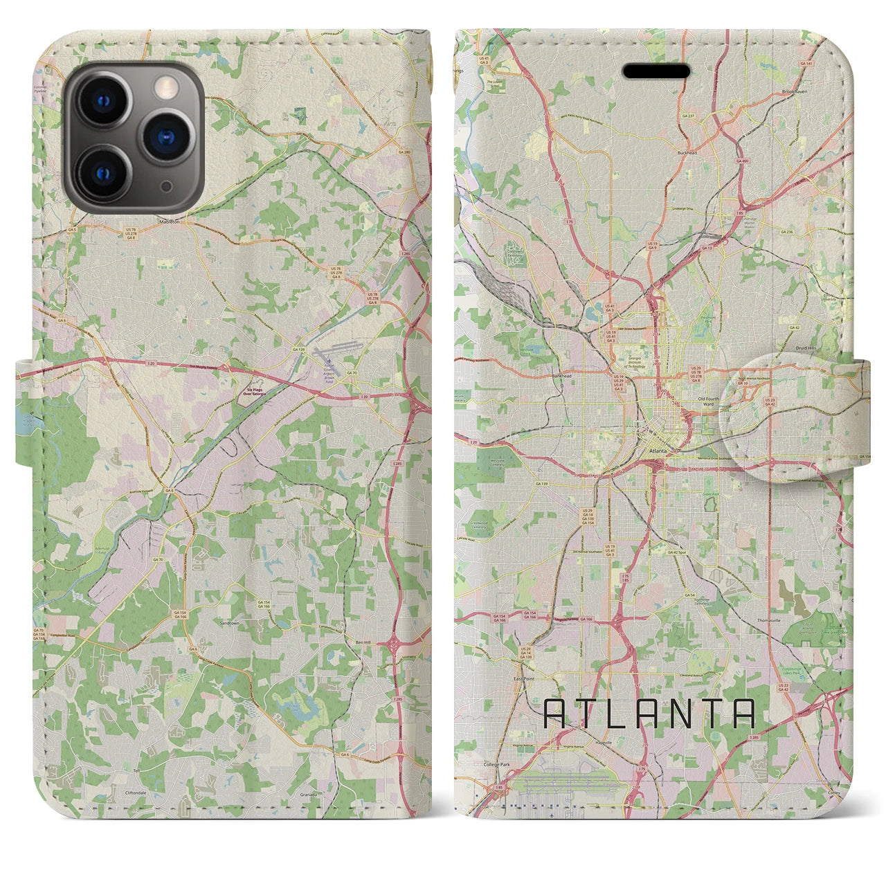 【アトランタ】地図柄iPhoneケース（手帳両面タイプ・ナチュラル）iPhone 11 Pro Max 用