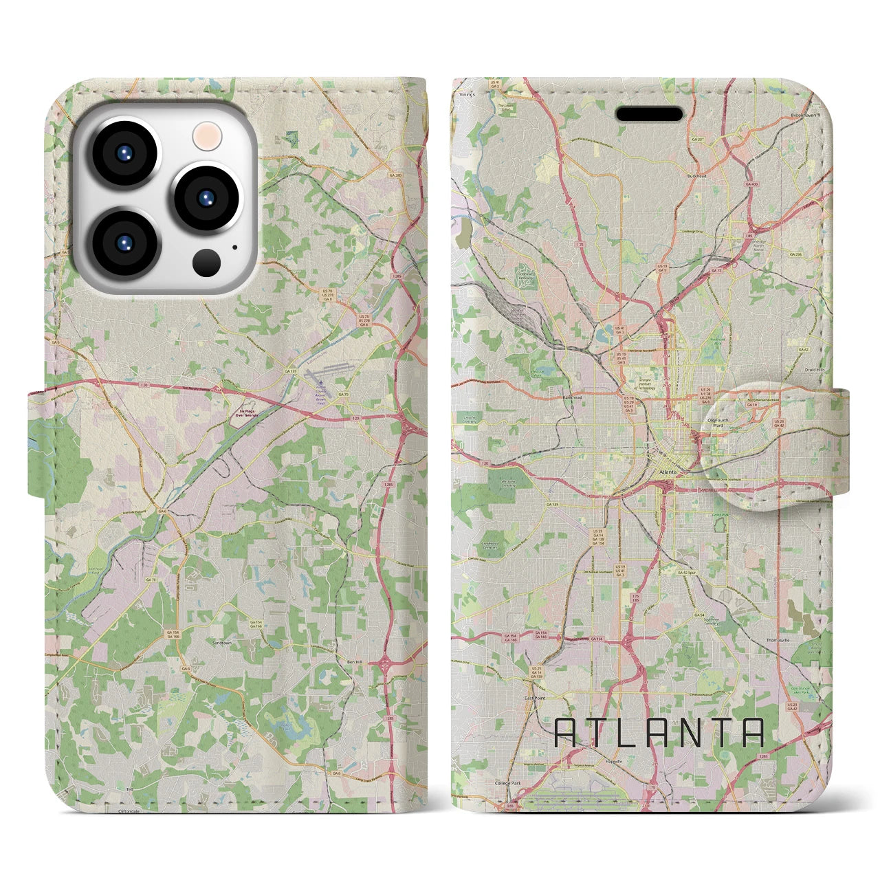 【アトランタ】地図柄iPhoneケース（手帳両面タイプ・ナチュラル）iPhone 13 Pro 用