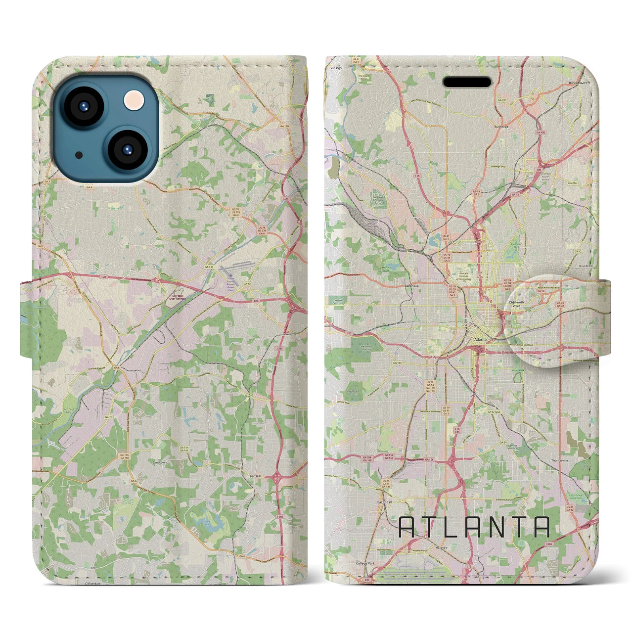 【アトランタ】地図柄iPhoneケース（手帳両面タイプ・ナチュラル）iPhone 13 用