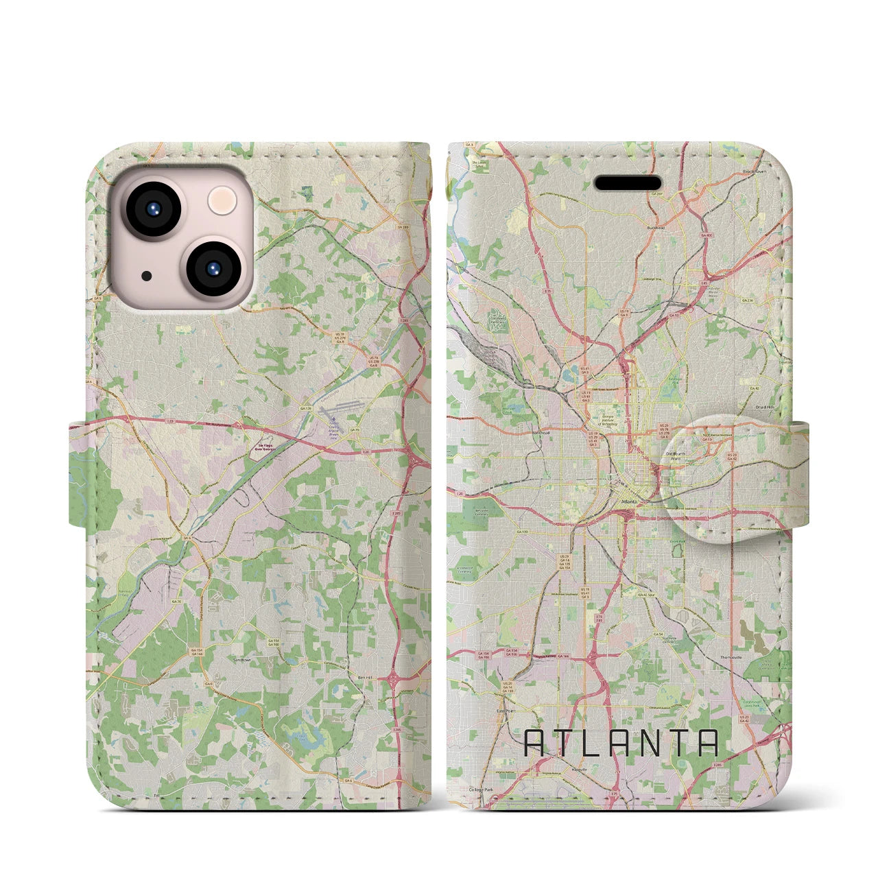 【アトランタ】地図柄iPhoneケース（手帳両面タイプ・ナチュラル）iPhone 13 mini 用