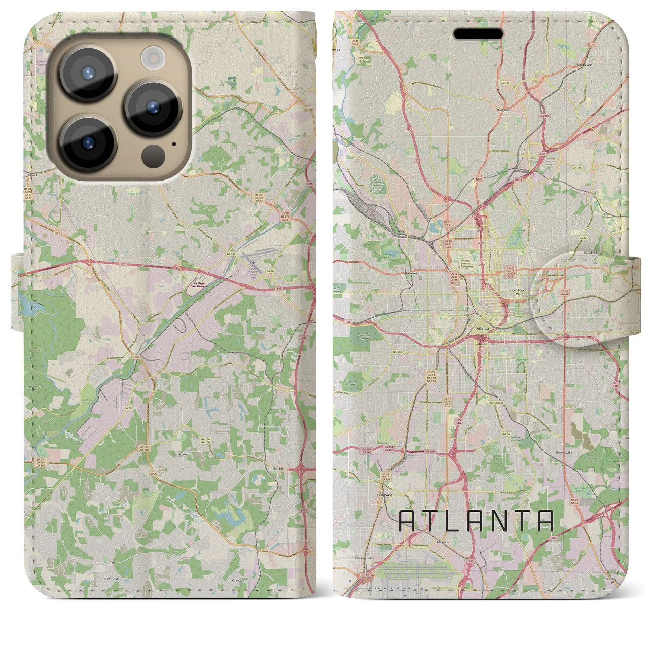 【アトランタ】地図柄iPhoneケース（手帳両面タイプ・ナチュラル）iPhone 14 Pro Max 用