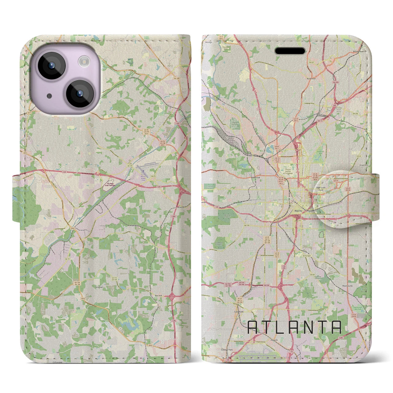 【アトランタ】地図柄iPhoneケース（手帳両面タイプ・ナチュラル）iPhone 14 用