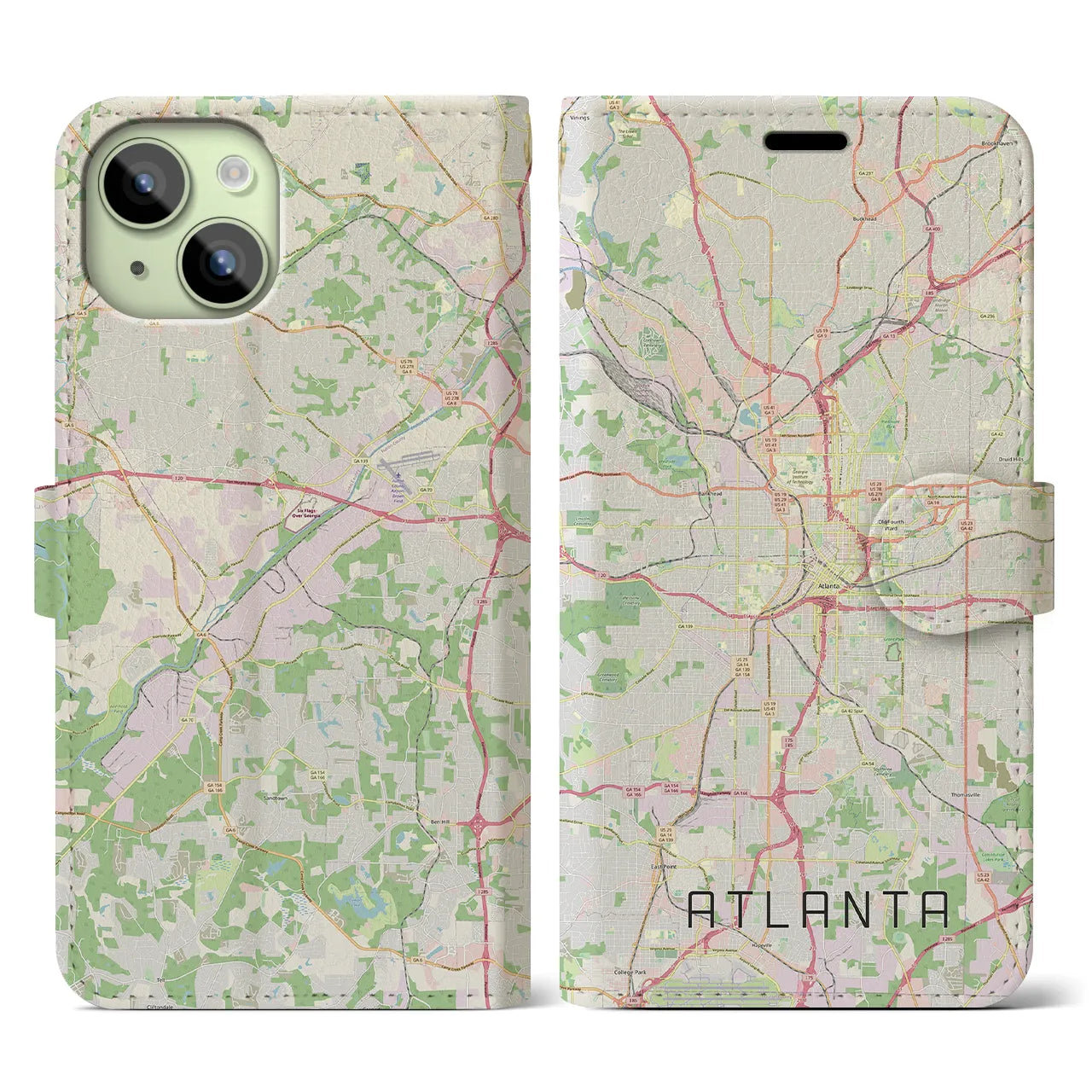 【アトランタ】地図柄iPhoneケース（手帳両面タイプ・ナチュラル）iPhone 15 用