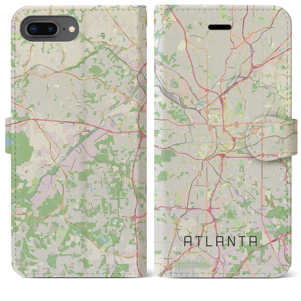 【アトランタ】地図柄iPhoneケース（手帳両面タイプ・ナチュラル）iPhone 8Plus /7Plus / 6sPlus / 6Plus 用