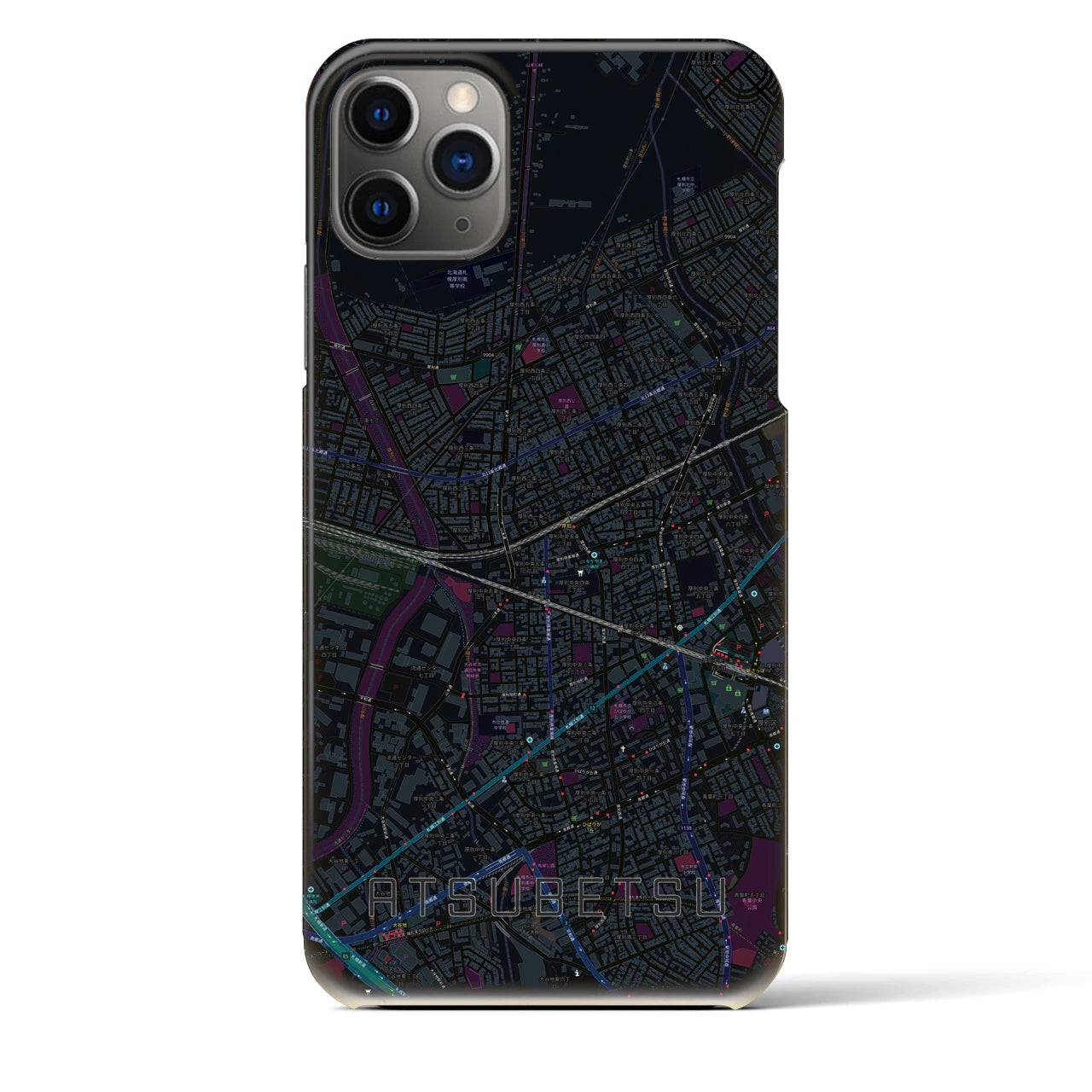 【厚別】地図柄iPhoneケース（バックカバータイプ・ブラック）iPhone 11 Pro Max 用