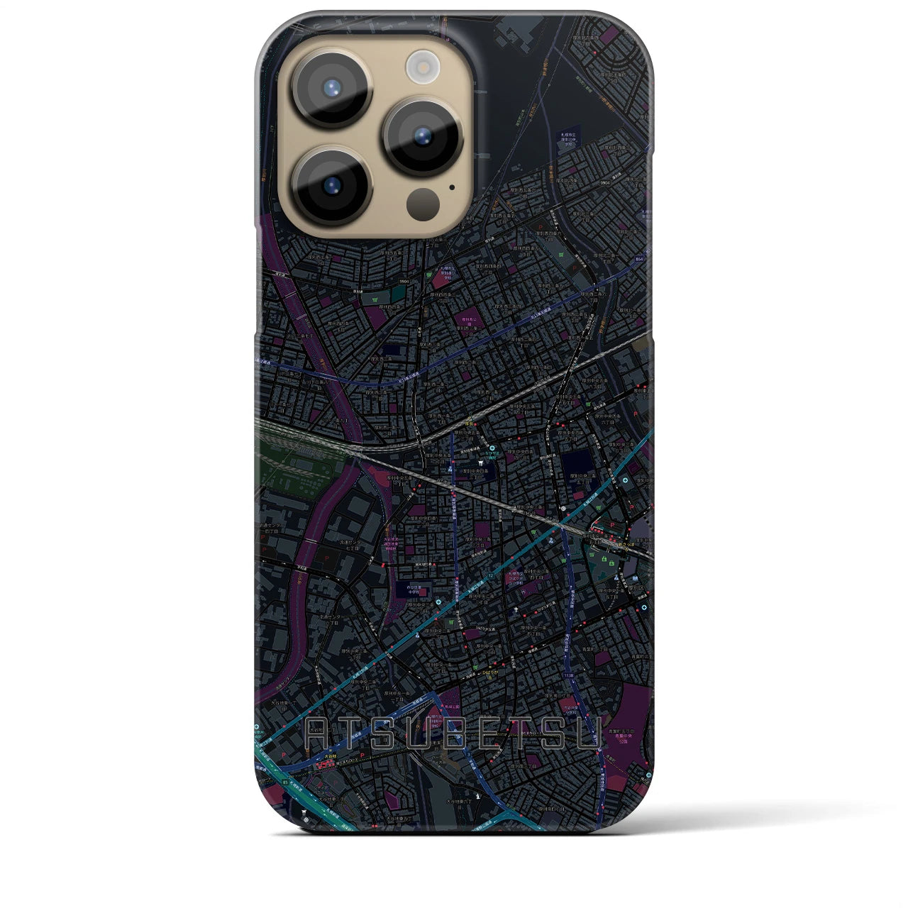 【厚別】地図柄iPhoneケース（バックカバータイプ・ブラック）iPhone 14 Pro Max 用
