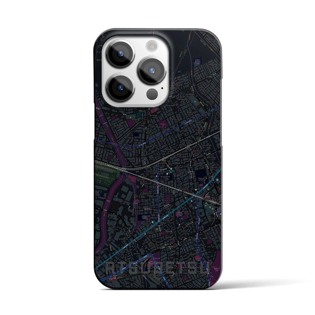 【厚別】地図柄iPhoneケース（バックカバータイプ・ブラック）iPhone 14 Pro 用