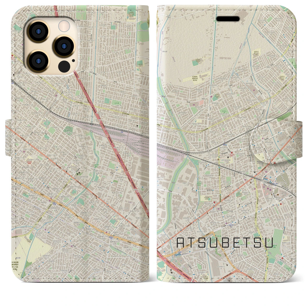 【厚別】地図柄iPhoneケース（手帳両面タイプ・ナチュラル）iPhone 12 Pro Max 用