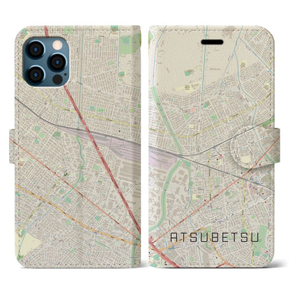 【厚別（北海道）】地図柄iPhoneケース（手帳タイプ）ナチュラル・iPhone 12 / 12 Pro 用