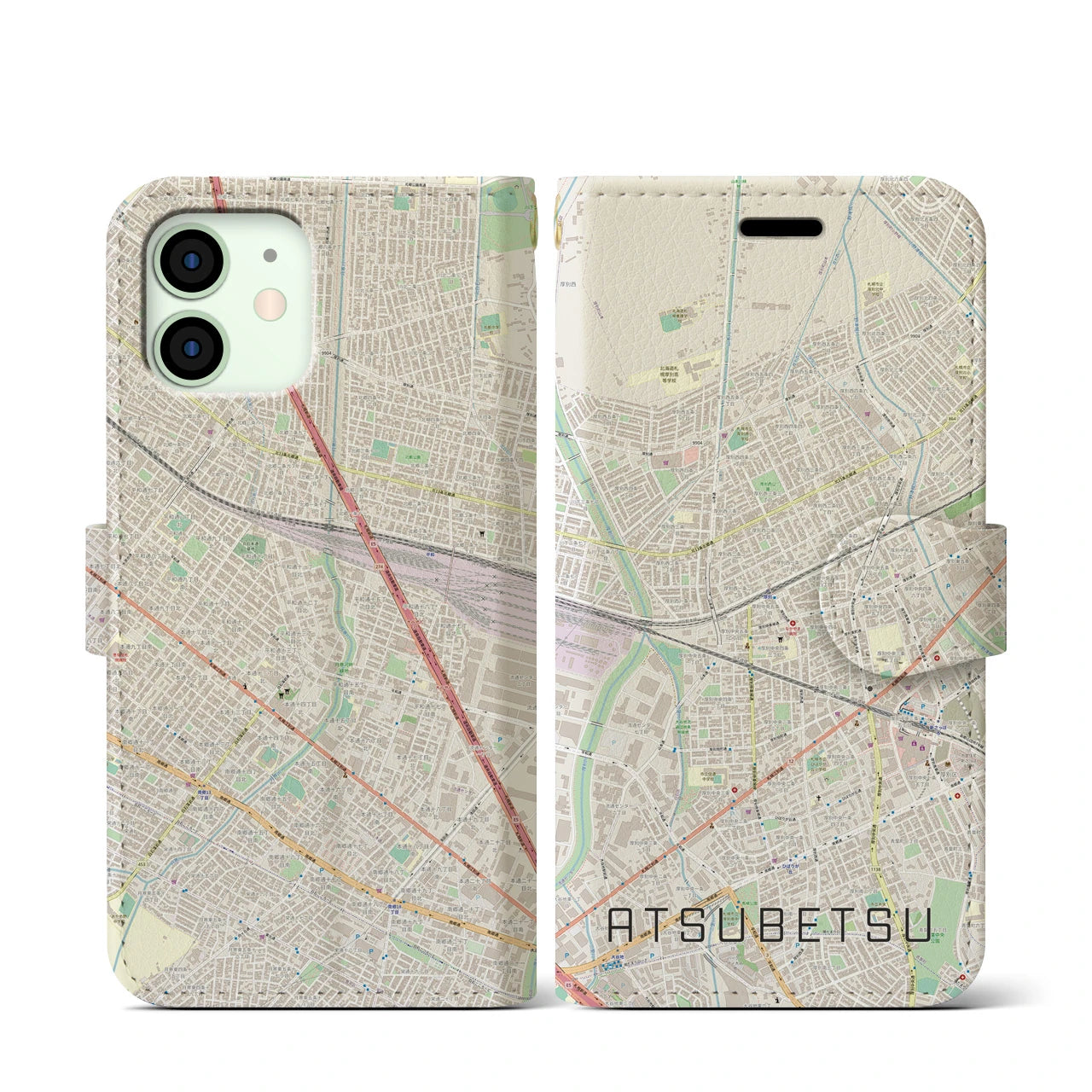【厚別】地図柄iPhoneケース（手帳両面タイプ・ナチュラル）iPhone 12 mini 用