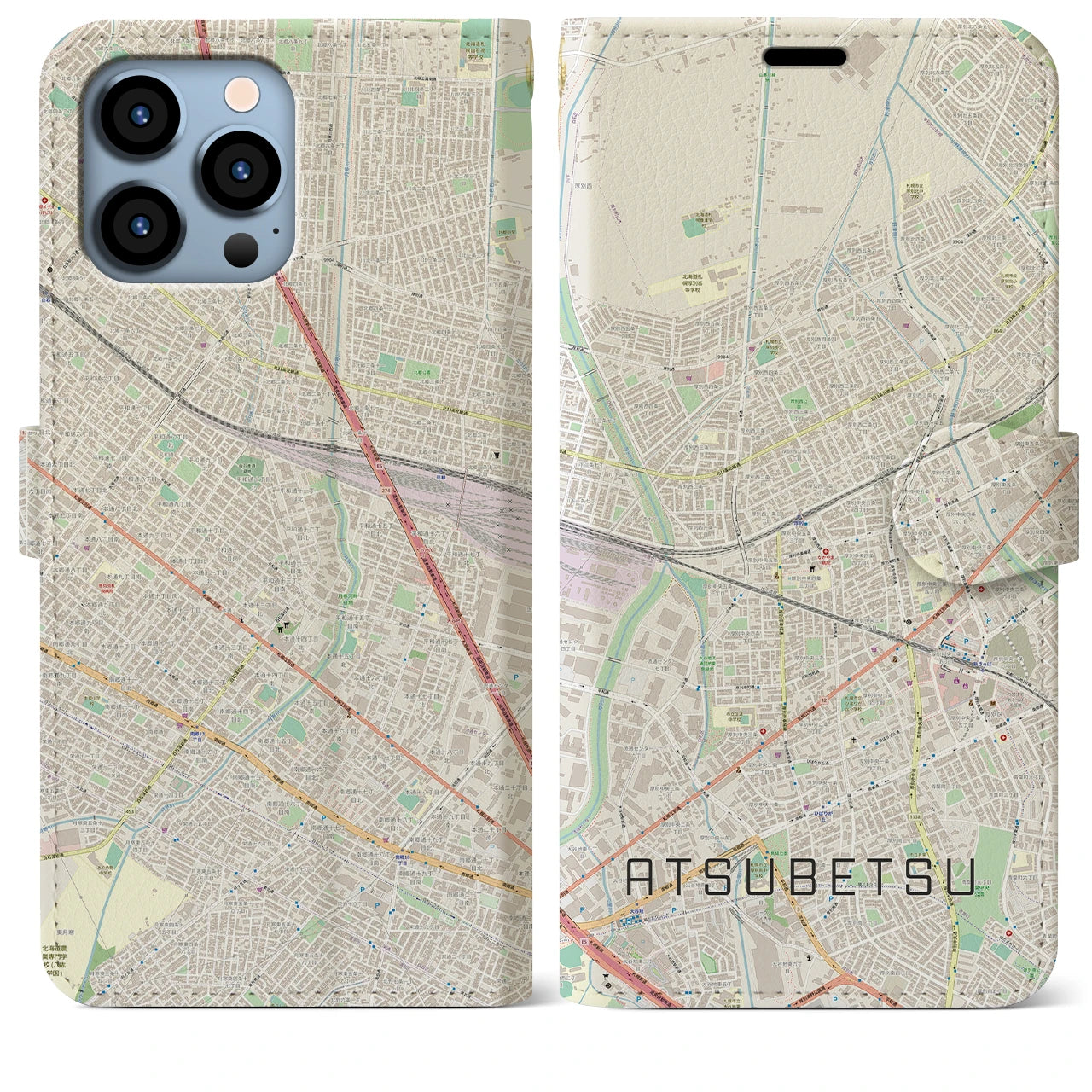 【厚別】地図柄iPhoneケース（手帳両面タイプ・ナチュラル）iPhone 13 Pro Max 用