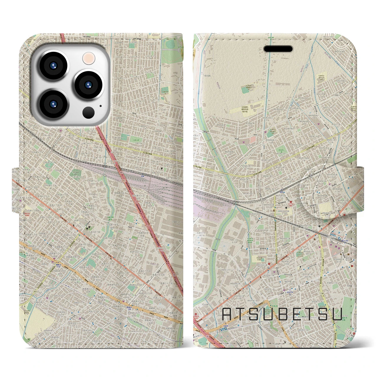 【厚別】地図柄iPhoneケース（手帳両面タイプ・ナチュラル）iPhone 13 Pro 用