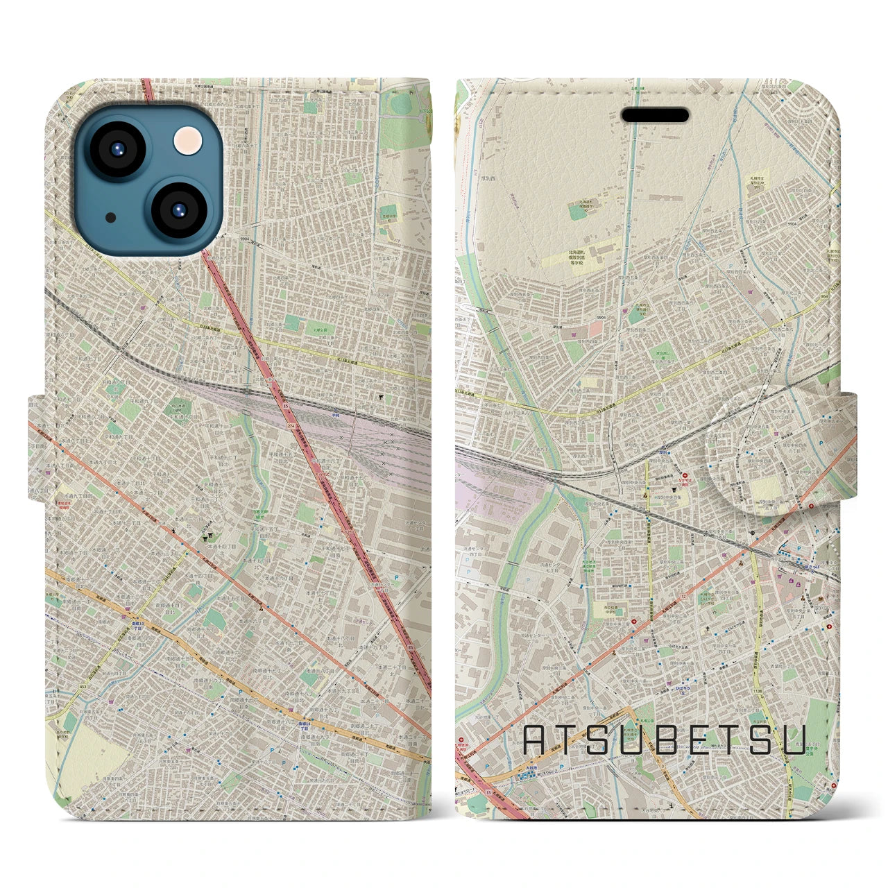 【厚別】地図柄iPhoneケース（手帳両面タイプ・ナチュラル）iPhone 13 用