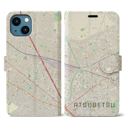 【厚別（北海道）】地図柄iPhoneケース（手帳タイプ）ナチュラル・iPhone 13 用