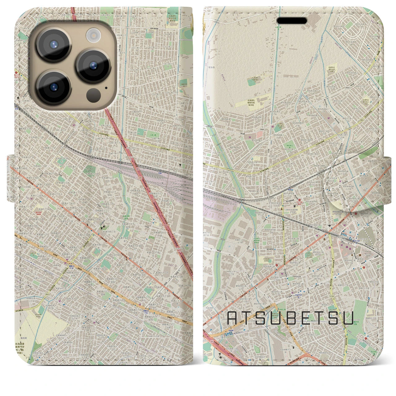 【厚別】地図柄iPhoneケース（手帳両面タイプ・ナチュラル）iPhone 14 Pro Max 用