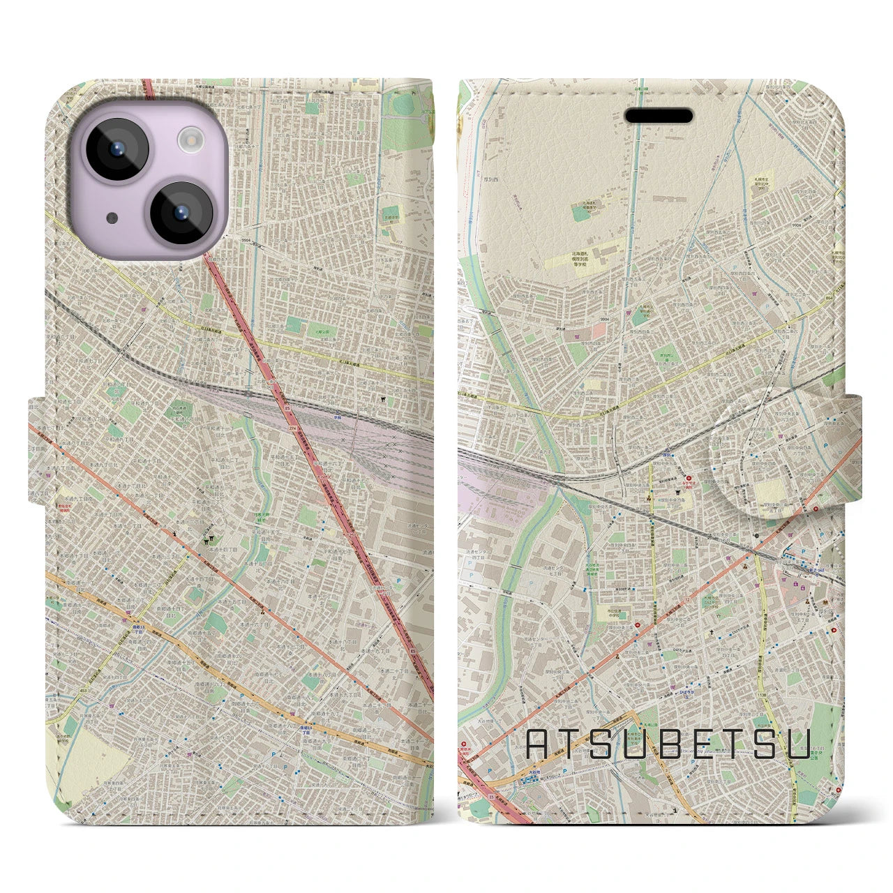 【厚別】地図柄iPhoneケース（手帳両面タイプ・ナチュラル）iPhone 14 用